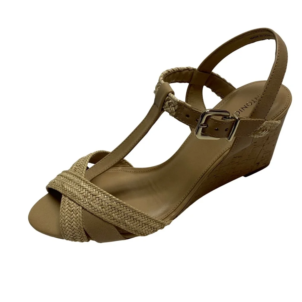 Antonio‎ Melani Tan Leather Braided T-Strap Cork Wedge Sandals Size 9M NIB